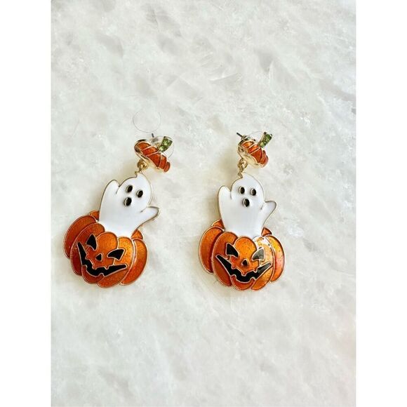 Halloween ghost and jack-o’-lantern dangle earrings ￼ - Picture 1 of 2